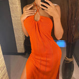Sexy Halter Backless High Cut Crochet Knitted Tunic Beach Dress Beach Wear Beachwear Beach Cover Up Cover-upsFemale Women V5841
