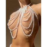 Luxury Pearls Halter Hollow Out See Through Bikini Top Female Swimsuit Women Swimwear Bather Bathing Suit Swim Beach Top V5409