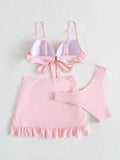 Women solid tie bow push up bikini sets three pieces with wrinkled ruffles mini skirt swimsuit bathing suit beach outfits