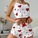 Hot Selling Womens Pajamas Set Sleepwear Short Tank Tops And Shorts White Ventilate Soft Casual Red Love Printing Sleepwear