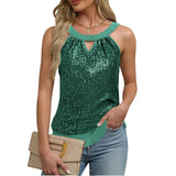 Women's Sequin Glitter Tank Tops Sleeveless Crew Neck Slim Fit Camisole For Holiday Backless Bow Tie Streetwear Party Club Vest