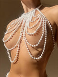 Luxury Pearls Chain Halter Hollow Out See Through Bikini Top Female Swimsuit Women Swimwear Bather Bathing Suit Swim Beach Top