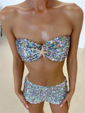 Women's Sequined Outfit Strapless Bra Tops and Slim Fit Shorts 2 Pcs Set for Spring Summer