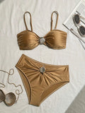 Sexy Metal Shell High Waist Bikini Set Women Black Coffee Pleate Push Up Two Piece Swimsuit 2026 Holiday Bathing Suit Swimwear
