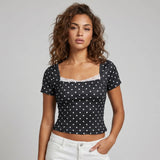 2026 Summer Women Lace Trim T-shirt Square Neck Short Sleeve Slim Fit Cropped Tops Trendy Daily Casual Retro Shirts
