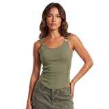 Women's Solid Color Ribbed Tank Tops Stylish Sleeveless Camisole with Metal Buckle Straps and Curved Hemline