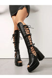 Plus Size Women Black Patent Matte Leather Lace Up Knee High Boots Peep Toe Platform Block Heel Back Zip Gothic Y2K Party Heels