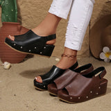 Black Pu Leather Wedge Heel Sandals Women Rivets Back Strap Platform Sandles Woman Plus Size 43 Thick Sole Rome Sandalias Mujer