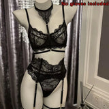Toucheart Sexy Lingerie Suit for Women Lace Patchwork Halter Bra Set Solid Color Sexy Mesh See-through Garters Underwear Set New