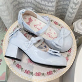 Lolita Style Cute Round Head Jane Pumps With Bow Women's Sweet Party Dress Midi Heels Shoes Fashion PU Sandals