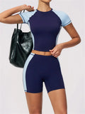 Summer New Yoga Sets Women Breathable Contrasting Color Short Sleeve Slim Sports T Shirts Training Running Shorts Fitness Suit