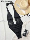 Lace Deep V Neck Halter Women Swimwear One Piece Swimsuit Female Monokini High Leg Cut Backless Bather Bathing Suit Swim V8264