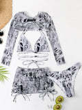 Long Sleeve Printed Halter Bikini Female Swimsuit Women Swimwear Four-pieces Bikini Set with Mesh Skirt Bathing Suit Beach Wear