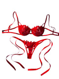 Ladies Floral Lace Thin Briefs Romantic Sexy Set with Belted Pants Elegant Shiny Underwear