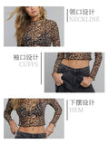 European American Women Mesh Leopard Print Tops Stand Collar Long Sleeve Short T Shirt Elegant Versatile Inner Blouse Daily Casu