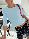 Minimalist Basic Ribbed Knit Top Women 3/4 Sleeve O neck Cropped T-Shirt Lady Summer Streetwear Y2K Casual Blouse Women Clothing