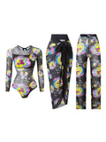 S - XXL 3PCS New Printed Long Sleeve With Pants Sarong Women Swimwear One Piece Swimsuit Female Bather Bathing Suit Swim K7180