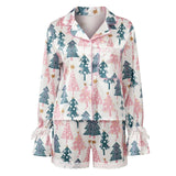 Womens Satin Christmas Pajamas Sets Print Button Up Long Sleeve Lapel V Neck Tops and Shorts Lounge Wear 2 Pieces Suits