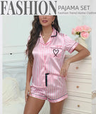 Ladies' Summer Striped Embroidered Love Victoria Style Pajama Set Short Sleeve Top Short Pants Casual  Two Piece Home Clothing