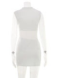 Ahagaga Women's Mini Dresses Stand Neck Hollow Out Sexy Slim Mesh Sheer Waist Bodycon Sleeveless Solid Casual Party Vestidos