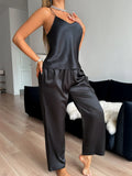 Summer Stain Ice Silk V Neck 2 Pieces Pajamas Set Women's Halter Tops and Long Pants Sets Comfortable Homewear Loungewear