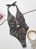 2026 Sexy One Piece Swimsuit Swimwear Women Deep V-neck Halter Leopard Metal Circle Bathing Suit Beachwear Maillot De Bain Femme