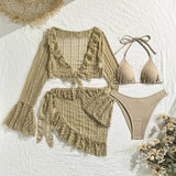 DEKA 4Pcs/Set Mesh Sheath Bikini Set Female Mini Camis Briefs Short Skirt Swimwear Fashion Drawstring Long Sleeve Boho Swimsuit