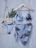 Marble Print V-Bar Underwired Bikini Women Swimsuit Female Swimwear Three-pieces Bikini Set Push Up Bathing Suit Beach Sarong