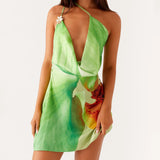 Women Spaghetti Straps Backless Asymmetric Flower Print Mini Dresses Summer Sexy Party Club Slip Dress
