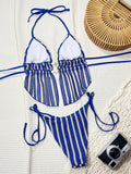 DEKA Knit Beads Blue Striped Bikinis Sets Two Pieces Halter Thong Swimsuit Bathing Suit Back Tie Swimwear Biquini Tankini Trikin