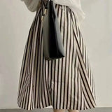 Retro Chic Solid Color Striped Skirt For Women In Summer, High Waisted And Slimming A-line Mid Length Umbrella Skirt Casual OHS8