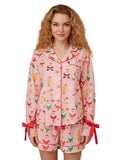 Women 2 Piece Christmas Pajama Set Santa Print Long Sleeve Button-up Tops and Elastic Waist Shorts Satin Fall Sleepwear