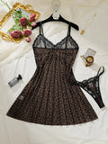 Women Leopard Print Lace Lingerie Nightgown Set Sheer Mesh Slip Dress With Thong Intimate Sleepwear ZA825233