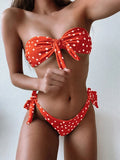 Ribbed Knotted Polka Dot Bikini 2025 Women Strapless Bandeau Swimsuit Female Swimwear Two Pieces Bikini Set Bathing Suit Swim