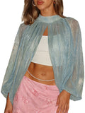 Women's Spring Summer Solid Color Sheer Blouse Glitter Long Sleeve Mock Neck Open Front Tops Streetwear