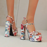 Ethnic Bohemia Sandals Women 2026 Summer Shoes Flower Print Ankle Strap Platform Block High Heels Crystal Pearl Studded