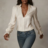 2026 Spring Women's Shirts European and American Fashion Long Sleeve Tops Solid Color Korean Style Lapel Shirts with Ruffles