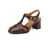 Women's Roman Gladiator Sandals Summer New Khaki Brown Hollow Out T-Strap High Heels Korean Top Quality Mary Jances Sandals