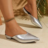 Silver Pointed Toe Mules Shoes Women Plus Size 42 Pu Leather Low Heels Slippers Woman Fashion Summer Closed Toe Flat Slides