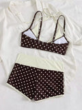 Coffee Polka Dot Print Patchwork Bikini Set 2026 Women Double Strap Push Up Bra High Waist Swimsuit Beach Bathing Suit Swimwear