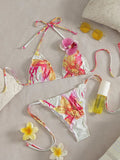Sexy Pink Floral Print Micro Bikini 2026 Women 3D Flower Push Up Bra Tie Side Thong Swimsuit Beach Bathing Suit Holiday Swimwear