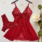 Ultra Sexy Lingerie Women Lace SeeThrough Nightdress Erotic PajamasSolid Soft Slim V Neck Sleepwear Summer Dress & Thong Kit