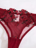 French vintage wine-red rose embroidery lingerie set - net sheer bra + T-shirt - sexy sensual women's lingerie ZA824026