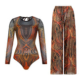 Colorful Printed Women One Piece Swimsuit Fashion Lady Long Sleeve Swimwear Retro Mujer Bodysuit with Pants Set Female Beachwear
