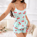 Summer Cherry Print Pajamas Set for Women Breathable Casual Straps Cami Tops and Ruffle Shorts Set Homewear Loungewear
