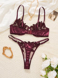 Burgundy Floral Embroidery Satin Lingerie Set Sheer Mesh Underwire Bra & Thong Women Sexy Underwear ZA824031