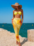 Vintage Yellow Floral Print Bikini Set 2026 Women 3D Flower Pleate Push Up Long Skirt 3 Piece Swimsuit Bathing Suit Swimwear