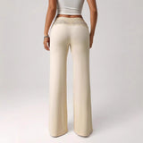 2026 New Women Elegant Solid Color Lace Trim High Waist Wide Leg Pants Casual Loose Palazzo Trousers