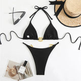 Dark Brown String Halter Micro Thong Bikinis Sets Sexy Swimsuit Women 2026 Metal Ring Holiday Swimwear Beach Wear Bikini Mujer