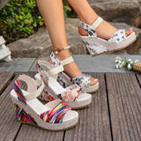 Bohemian Floral Printed Wedge Heel Sandals Women Summer Slip On Chunky Platform Sandles Woman Elastic Strap High Heels Sandals